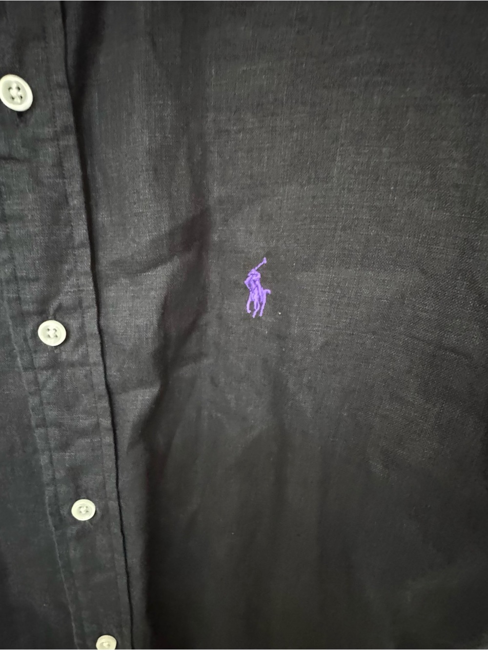 Ralph Lauren Linen Black Short-Sleeve Button-Down Shirt with Purple Pony - Picture 3 of 6